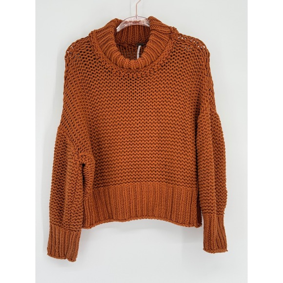 Free People Cowl Neck Chunky Knit Sweater Rust Orange Womens Sz M - Picture 1 of 8